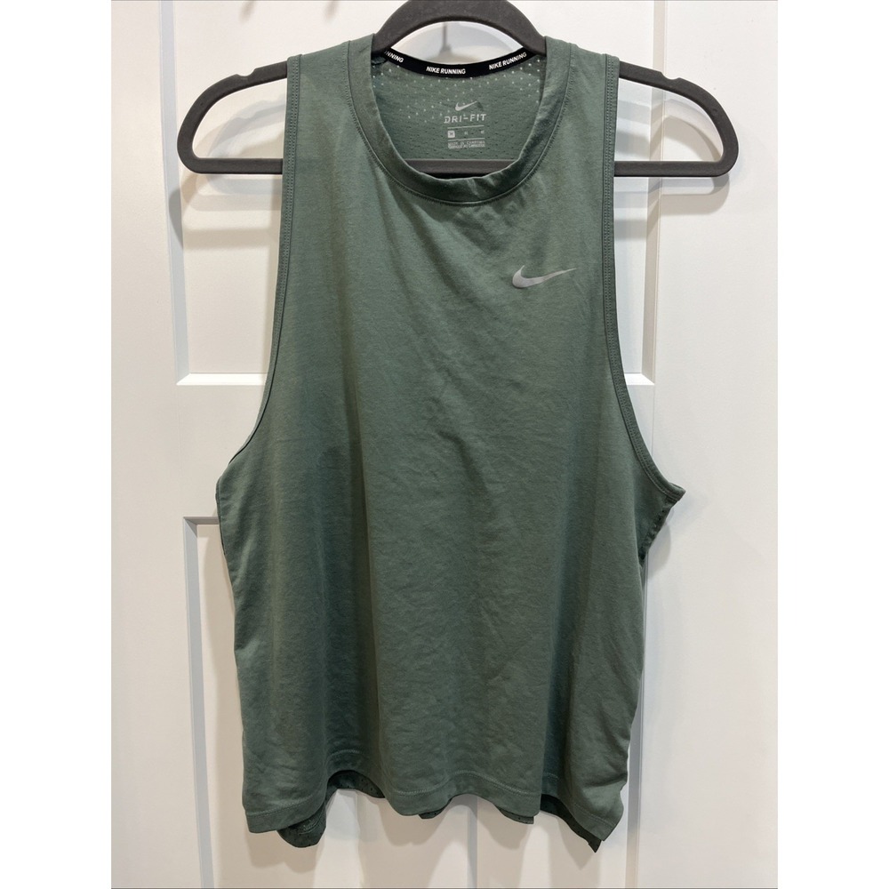 Nike Running Women Dri-Fit Breathe Running Racer Back Tank Olive Green Sz Medium